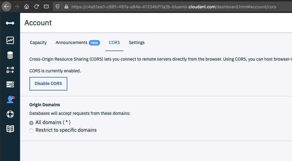 Cloudant CORS Settings